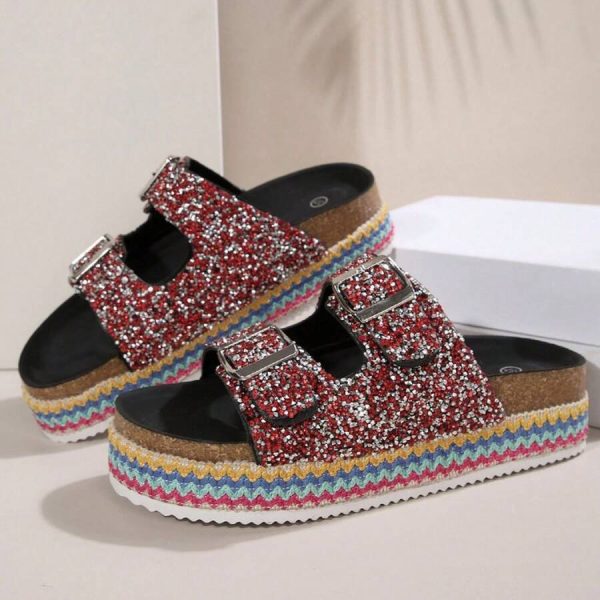 thick soled open toe sandals with rhinestone straps for the beach