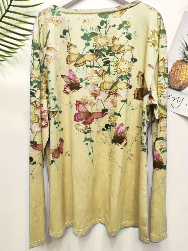 floral & butterfly print crew neck t shirt, casual long sleeve top for spring & fall, women's clothing