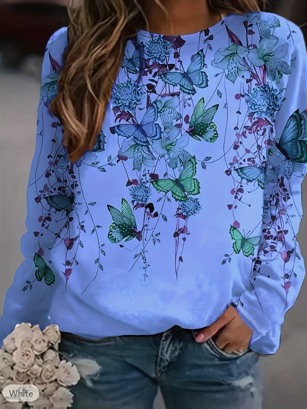 floral & butterfly print crew neck t shirt, casual long sleeve top for spring & fall, women's clothing