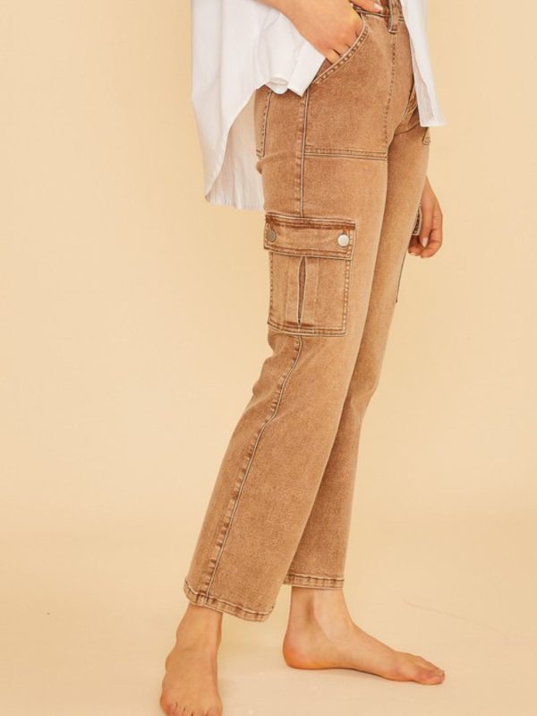 womens casual cargo chic utility pocket straight leg overalls khaki brown washed denim adjustable strap full length relaxed fit weekend street style spring summer fall comfortable workwear
