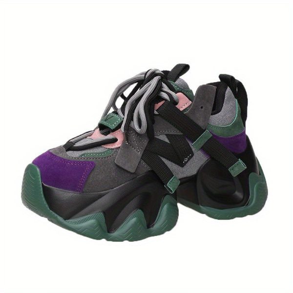women's chunky platform sneakers lace up shoes with thick cushioned evau002frubber sole, beigeu002fblacku002f pinku002f all season korean fashion shoes for everyday & formal outfits lightweight women's footwear, secure laceup closure