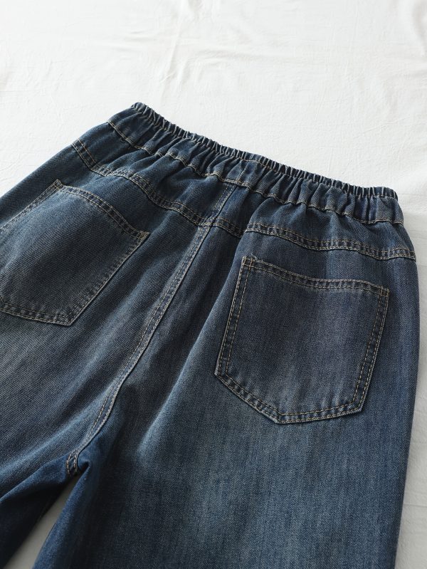 women's floral embroidered baggy jeans elastic waist wide leg denim pants, relaxed fit lightweight all season casual & formal outfits, 2025 new design, ladies jeans, versatile clothing, detailed embroidery
