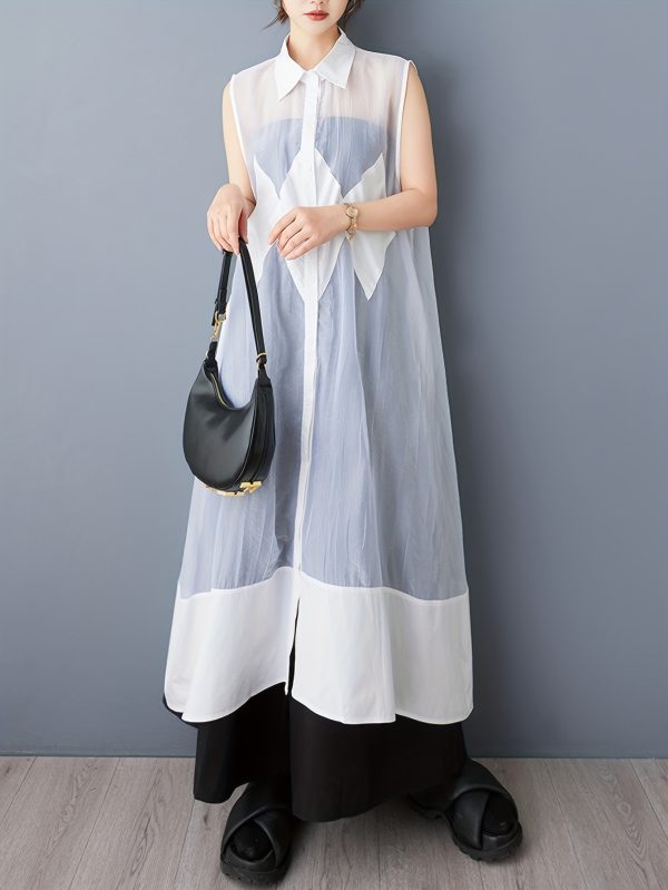 elegant organza vest dress lightweight elegant sleeveless organza vest dress | diamond pattern & mesh detail, black & white design | perfect for summer casual wear for women