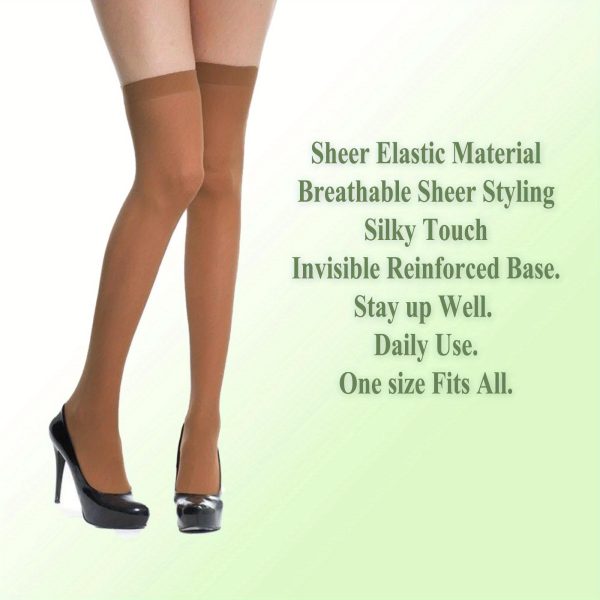 6 pairs women's sheer over the knee socks reinforced base, stretch nylon stockings, light brown, 27