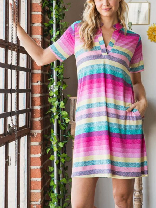 womens casual vacation chic rainbow striped stand collar shift dress summer beach short sleeve v neck above knee loose fit multicolor pink turquoise yellow lightweight breathable resort wear