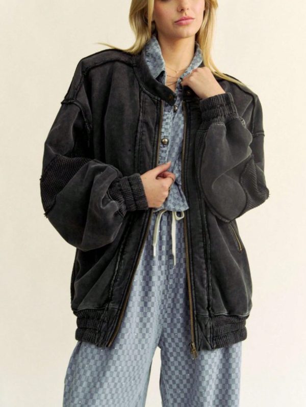 women's casual jacket vintage waffle knit exposed seam outerwear zipper closure black comfy cotton long sleeves relaxed fit mid length ideal for springu002ffallu002fwinter everyday wear