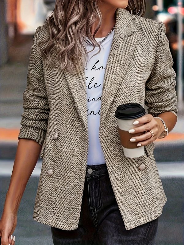 elegant women's double breasted suit jacket business casual, stand collar, long sleeve, solid color, regular fit with belt, perfect for office, formal occasions, and everyday wear, office wear jacket | classic long sleeve | structured design