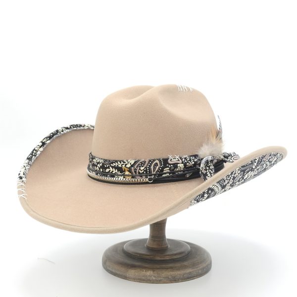 1pc oiernfe women's polyester cowboy hat with artificial feather, hand seam printed fabric, multi layer fashion chain, lightweight, non stretch, thanksgiving occasion, retro style