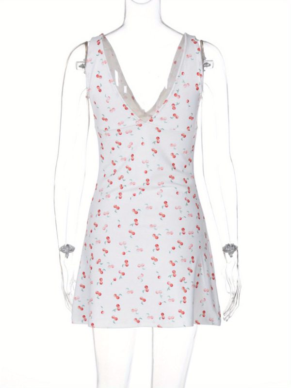 women mini dress cherry print deep v neck sleeveless dress summer casual a line dress
