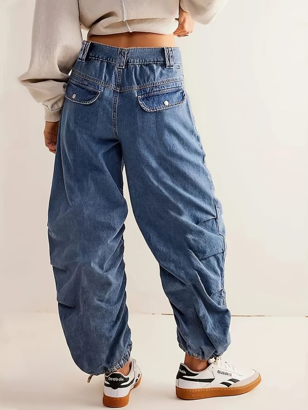 women's fashion non stretch washed blue pleated ankle length loose jeans, four season outdoor style, machine washable, suitable for daily home, work campus, airport wear.