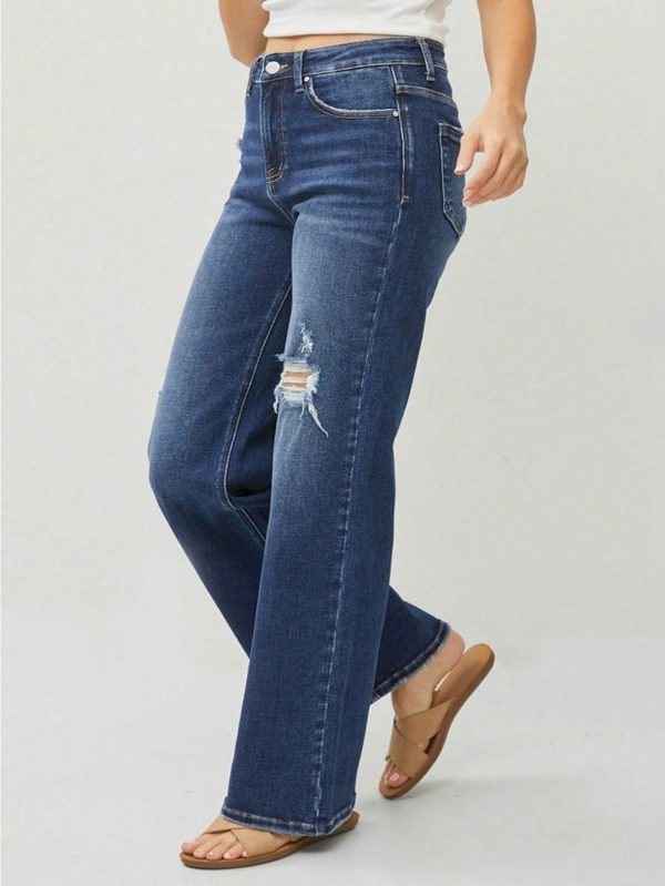 womens casual jeans high rise distressed wide leg denim pants dark wash full length classic 5 pocket design zip fly with button closure versatile casual wear springu002ffallu002fwinter features light distressing for a fashion look