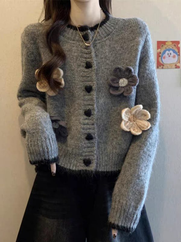 scacto women's elegant v neck cardigan soft gray sweater with floral embellishments, long sleeve, button up front, perfect for autumnu002fwinter, casual & formal wear, sweater cardigan