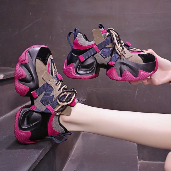women's chunky platform sneakers lace up shoes with thick cushioned evau002frubber sole, beigeu002fblacku002f pinku002f all season korean fashion shoes for everyday & formal outfits lightweight women's footwear, secure laceup closure