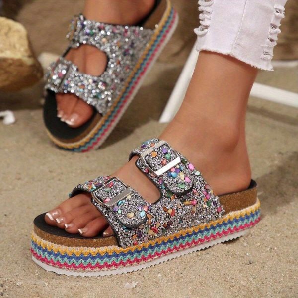 thick soled open toe sandals with rhinestone straps for the beach