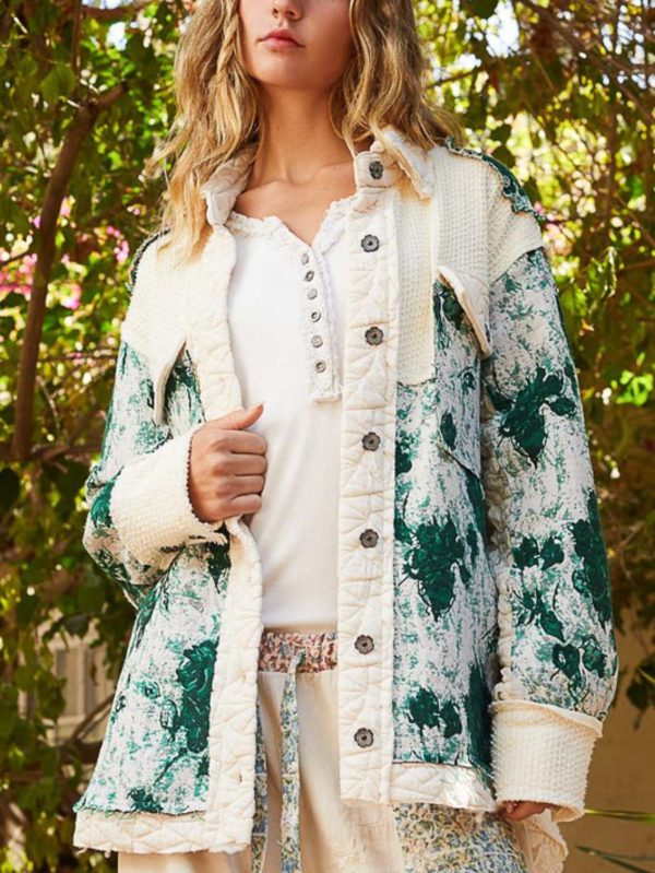 women's casual jacket vintage jacquard patch quilted outerwear creamu002fgreen button up relaxed fit long sleeve collared neck lightweight fabric perfect for springu002ffallu002fwinter everyday wear and layering