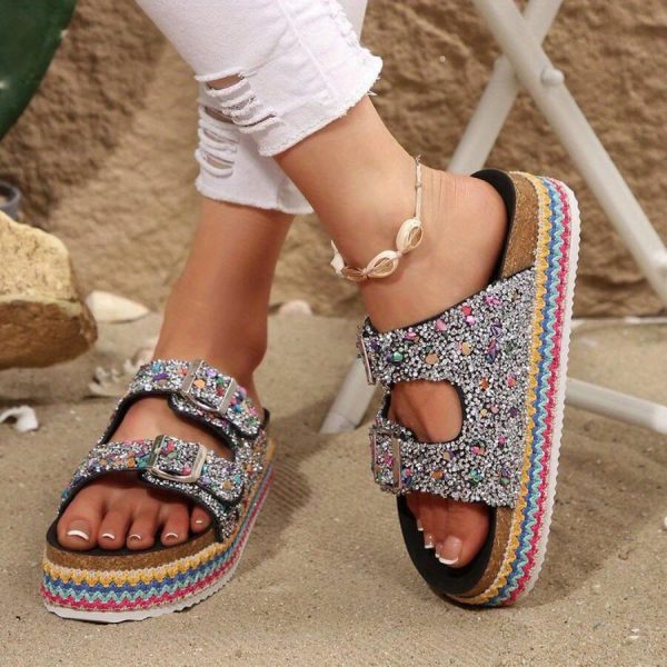 thick soled open toe sandals with rhinestone straps for the beach