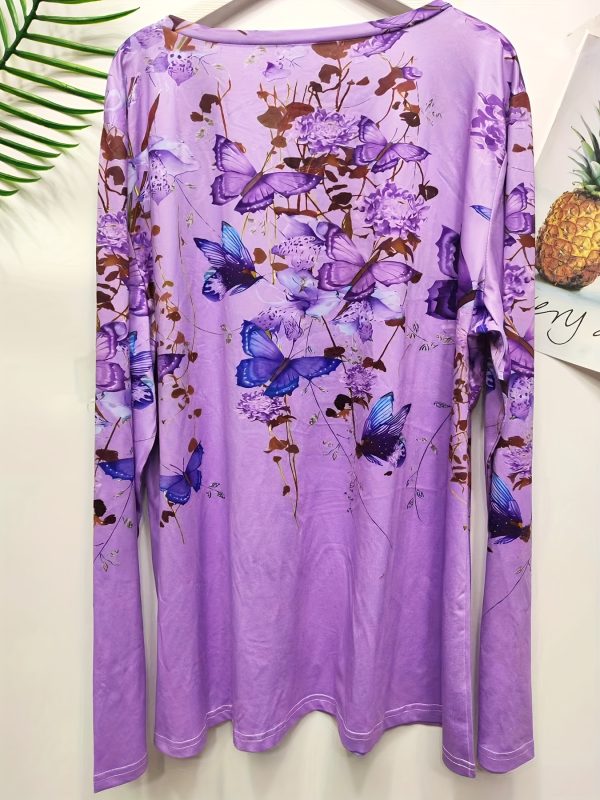 floral & butterfly print crew neck t shirt, casual long sleeve top for spring & fall, women's clothing