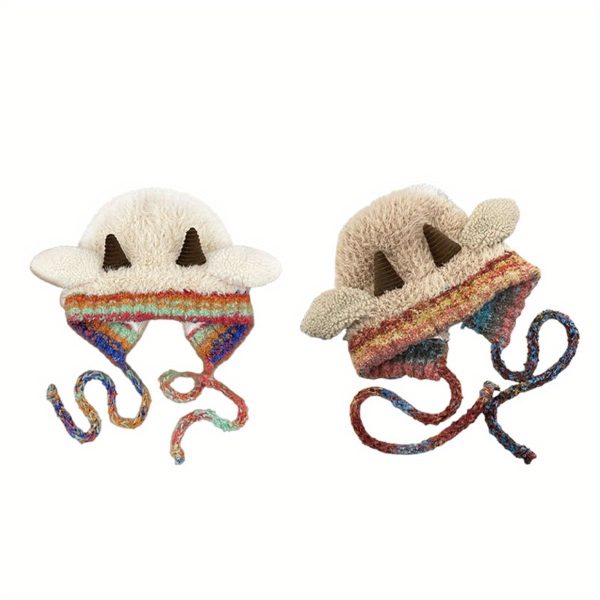 adult sheep hat with straps cute lamb ear flap furry beanie, thick lining & contrast color design, elastic crochet hat for daily wear & costume parties, hand washable