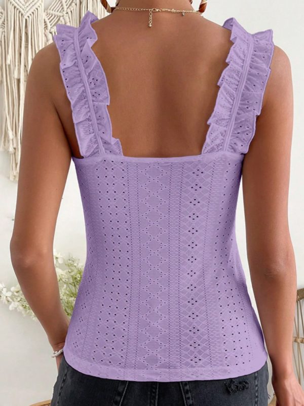 scacto 2025 sleeveless tank top with ruffle straps & square neck eyelet, slim fit blouse beige, breathable polyester, perfect for springu002fsummer, casual attire, casual attire|ruffle strap top|breathable fabric