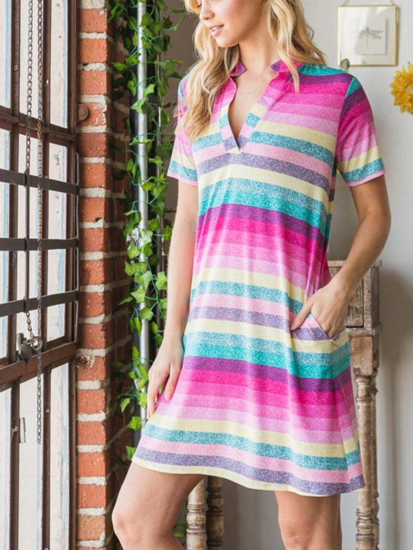 womens casual vacation chic rainbow striped stand collar shift dress summer beach short sleeve v neck above knee loose fit multicolor pink turquoise yellow lightweight breathable resort wear
