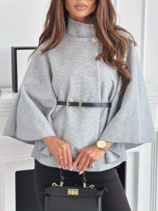elegant women's cape coat chic gray long sleeve belted jacket with stand collar, warm & stylish for fallu002fwinter, loose fit, non stretch fabric, perfect for casual or formal occasions, winter outerwear | belted cape | nonstretch fabric