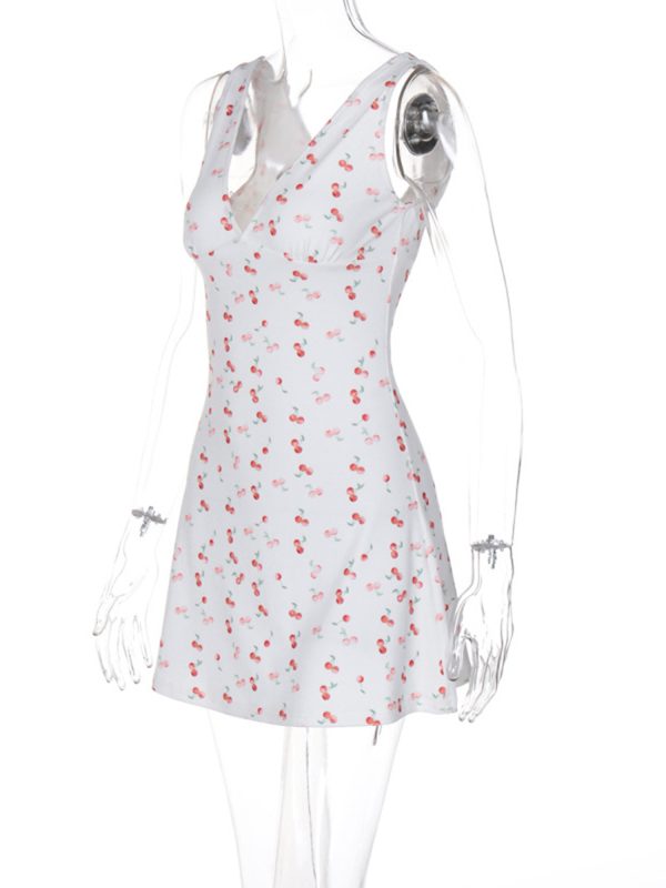 women mini dress cherry print deep v neck sleeveless dress summer casual a line dress