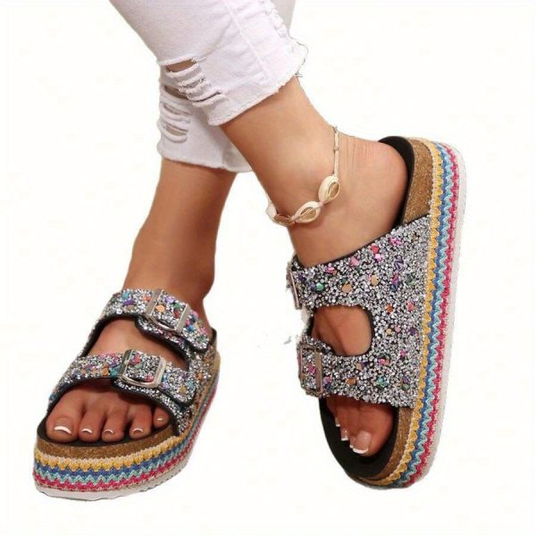 thick soled open toe sandals with rhinestone straps for the beach