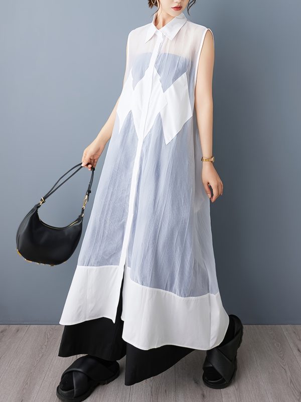 elegant organza vest dress lightweight elegant sleeveless organza vest dress | diamond pattern & mesh detail, black & white design | perfect for summer casual wear for women