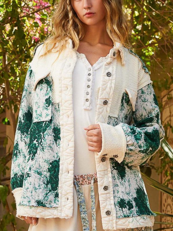 women's casual jacket vintage jacquard patch quilted outerwear creamu002fgreen button up relaxed fit long sleeve collared neck lightweight fabric perfect for springu002ffallu002fwinter everyday wear and layering