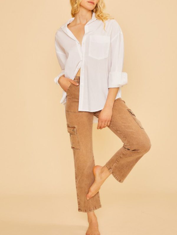 womens casual cargo chic utility pocket straight leg overalls khaki brown washed denim adjustable strap full length relaxed fit weekend street style spring summer fall comfortable workwear