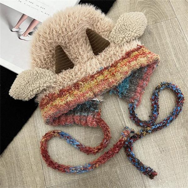adult sheep hat with straps cute lamb ear flap furry beanie, thick lining & contrast color design, elastic crochet hat for daily wear & costume parties, hand washable