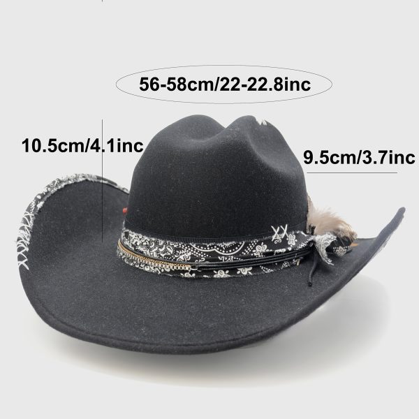 1pc oiernfe women's polyester cowboy hat with artificial feather, hand seam printed fabric, multi layer fashion chain, lightweight, non stretch, thanksgiving occasion, retro style