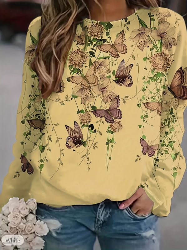 floral & butterfly print crew neck t shirt, casual long sleeve top for spring & fall, women's clothing