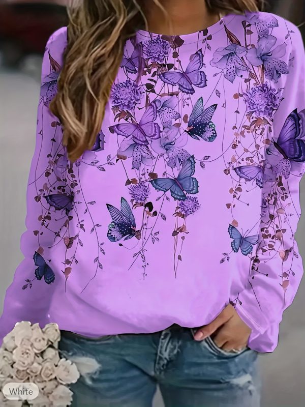 floral & butterfly print crew neck t shirt, casual long sleeve top for spring & fall, women's clothing