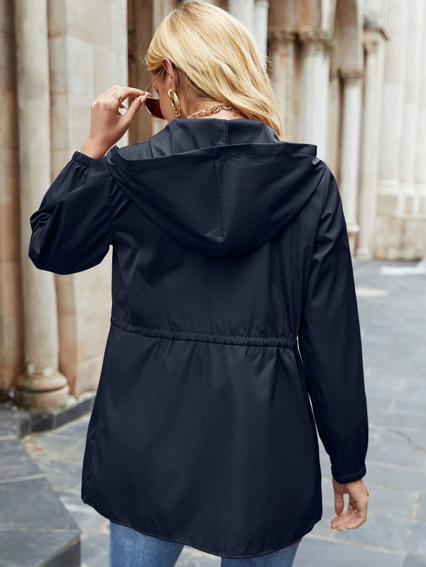 women's casual pullover hooded long sleeve jacket, polyester, solid color, mid length, zippered front, drawstring detail, springu002fautumn fashion outerwear