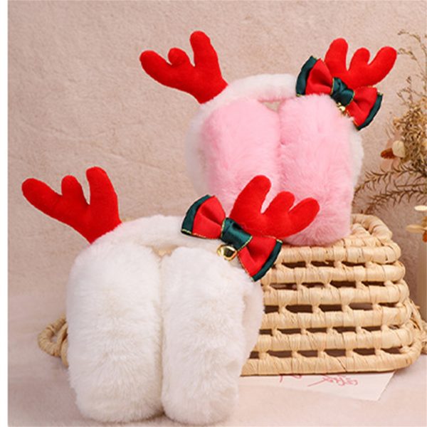foldable reindeer antler plush earmuffs cozy thickened fur winter ear warmers, red & white with green bow, corduroy material, hand wash only, perfect for christmas outdoor cold protection
