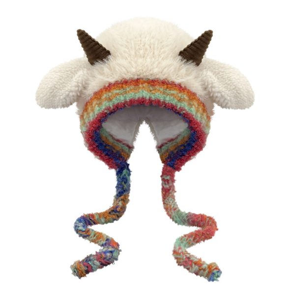adult sheep hat with straps cute lamb ear flap furry beanie, thick lining & contrast color design, elastic crochet hat for daily wear & costume parties, hand washable