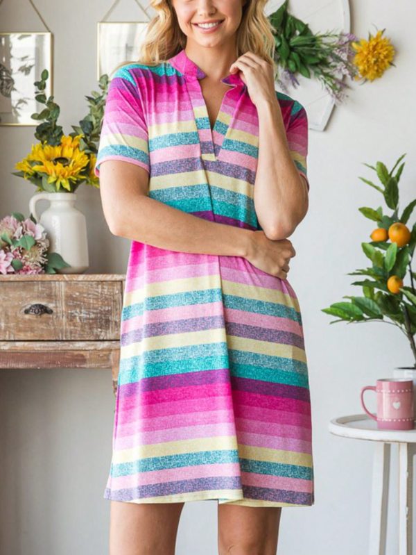 womens casual vacation chic rainbow striped stand collar shift dress summer beach short sleeve v neck above knee loose fit multicolor pink turquoise yellow lightweight breathable resort wear