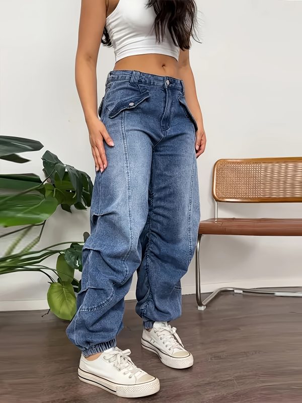 women's fashion non stretch washed blue pleated ankle length loose jeans, four season outdoor style, machine washable, suitable for daily home, work campus, airport wear.