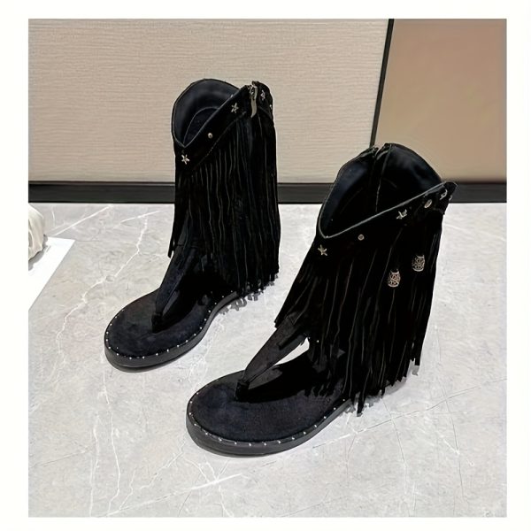 bohemia tassel retro sandals boots for women western flip flops hidden wedge heel boots with side zipper roman style studded thong sandals