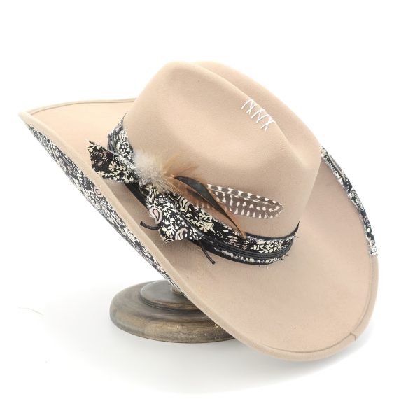 1pc oiernfe women's polyester cowboy hat with artificial feather, hand seam printed fabric, multi layer fashion chain, lightweight, non stretch, thanksgiving occasion, retro style