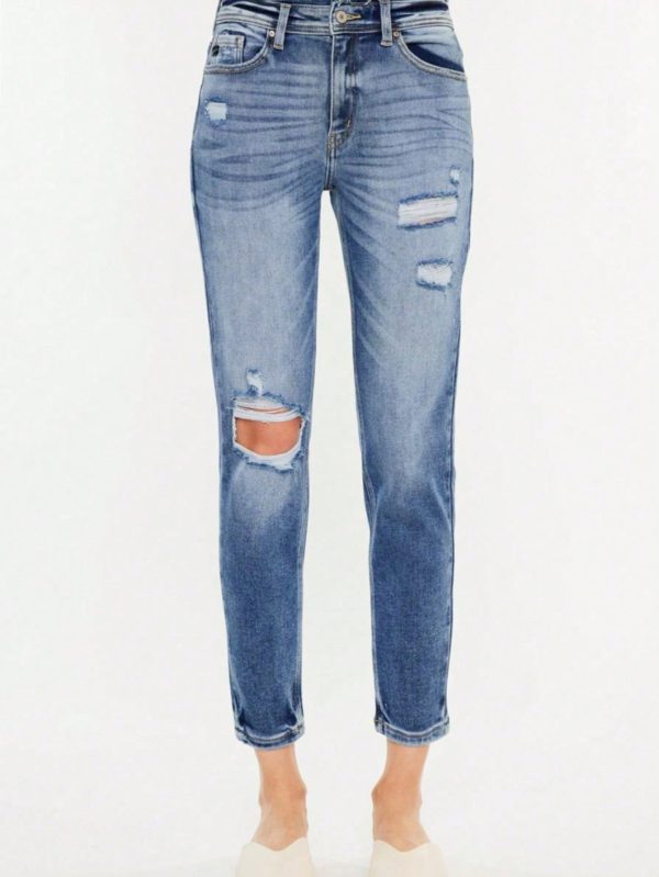 women's casual jeans vintage trendy high waisted distressed mom skinny denim pants medium wash ripped knee and faded details perfect for all seasons everyday wear