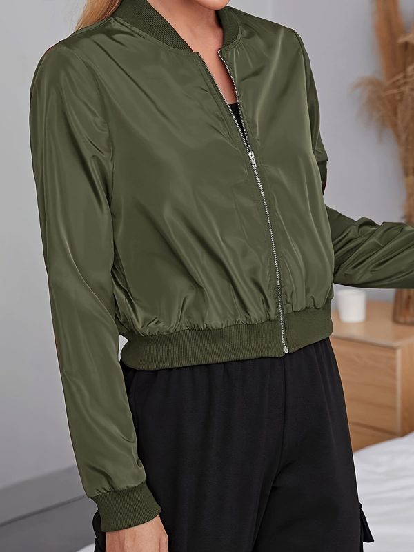 women's lightweight bomber jacket olive green zip up crop outerwear, structured fit non see through fabric for everyday & formal events, machine washable springu002ffall jacket