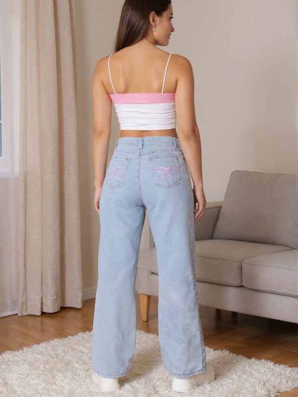 women's high waist wide leg embroidered jeans elastic, fashionable, elegant retro denim, perfect for casual wearing, commuting, and all seasons