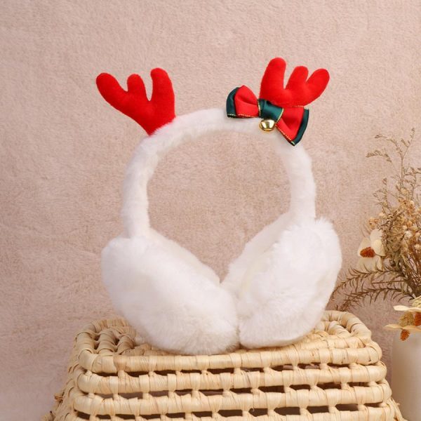 foldable reindeer antler plush earmuffs cozy thickened fur winter ear warmers, red & white with green bow, corduroy material, hand wash only, perfect for christmas outdoor cold protection