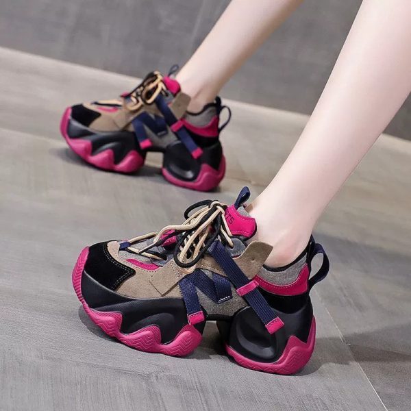 women's chunky platform sneakers lace up shoes with thick cushioned evau002frubber sole, beigeu002fblacku002f pinku002f all season korean fashion shoes for everyday & formal outfits lightweight women's footwear, secure laceup closure