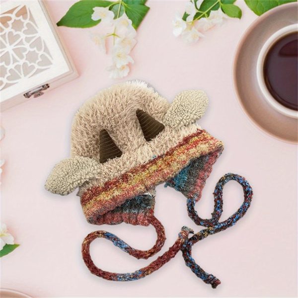 adult sheep hat with straps cute lamb ear flap furry beanie, thick lining & contrast color design, elastic crochet hat for daily wear & costume parties, hand washable