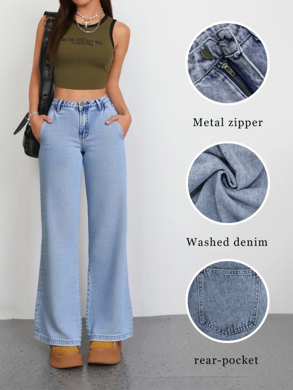 elegant retro washed blue jeans for ladies wide leg non see through trousers, suitable for both daily and formal wear throughout the four seasons high quality fabric that is durable and long lasting, classic design, fashionable and versatile