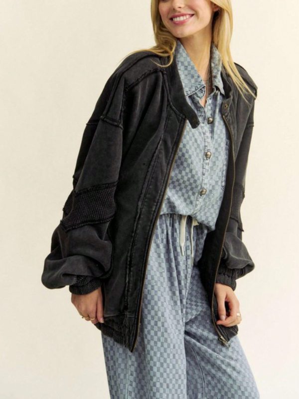 women's casual jacket vintage waffle knit exposed seam outerwear zipper closure black comfy cotton long sleeves relaxed fit mid length ideal for springu002ffallu002fwinter everyday wear