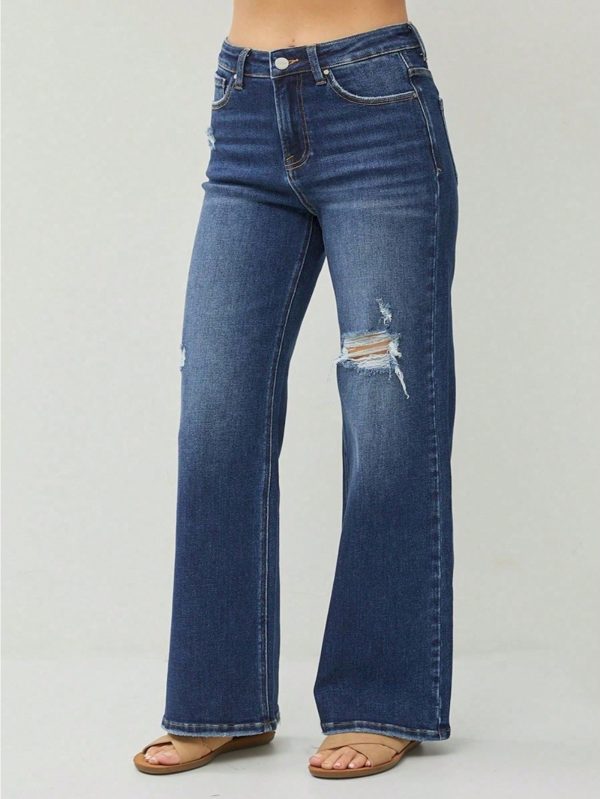 womens casual jeans high rise distressed wide leg denim pants dark wash full length classic 5 pocket design zip fly with button closure versatile casual wear springu002ffallu002fwinter features light distressing for a fashion look